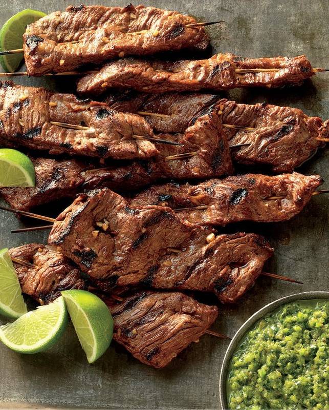 Beer-Marinated Skirt Steak Skewers with Green Chile Sauce